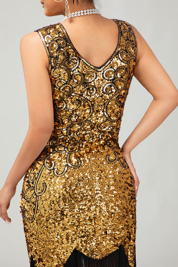 Sparkly Black Golden Sequins Tight Short 1920s Dress with Fringes