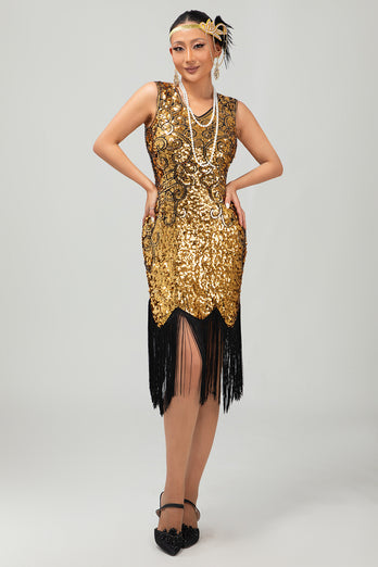 Sparkly Black Golden Sequins Tight Short 1920s Dress with Fringes