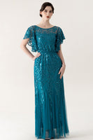 Load image into Gallery viewer, Sparkly Blue Tulle Sheath Long 1920s Dress with Sequins