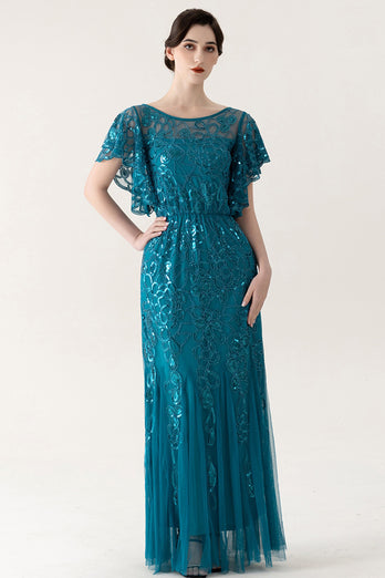 Sparkly Blue Tulle Sheath Long 1920s Dress with Sequins