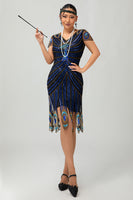 Load image into Gallery viewer, Sparkly Black Blue Sequins Bodycon Short 1920s Dress with Sleeves