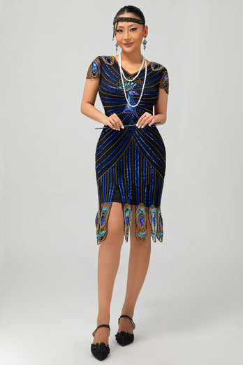 Sparkly Black Blue Sequins Bodycon Short 1920s Dress with Sleeves