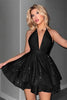 Load image into Gallery viewer, Glitter A Line Short Black Halter Tiered Homecoming Dress