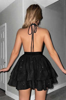 Load image into Gallery viewer, Glitter A Line Short Black Halter Tiered Homecoming Dress