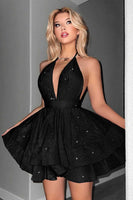 Load image into Gallery viewer, Glitter A Line Short Black Halter Tiered Homecoming Dress