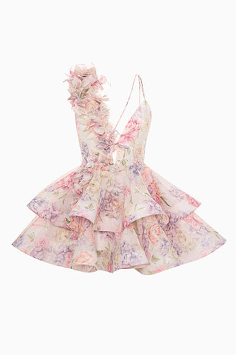 Pink Floral A Line Short Tiered Homecoming Dress with Ruffles