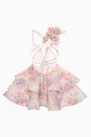 Load image into Gallery viewer, Pink Floral A Line Short Tiered Homecoming Dress with Ruffles