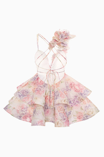 Pink Floral A Line Short Tiered Homecoming Dress with Ruffles