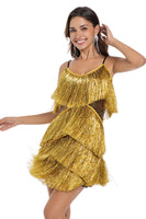 Load image into Gallery viewer, Sparkly Short Golden Tight Tiered Homecoming Dress with Fringes