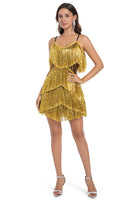 Load image into Gallery viewer, Sparkly Short Golden Tight Tiered Homecoming Dress with Fringes