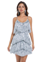 Load image into Gallery viewer, Sparkly Short Golden Tight Tiered Homecoming Dress with Fringes