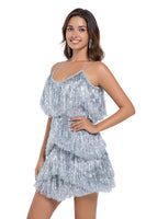 Load image into Gallery viewer, Sparkly Short Golden Tight Tiered Homecoming Dress with Fringes