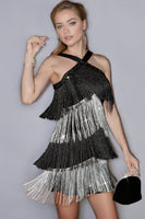 Load image into Gallery viewer, Sparkly Short Black and Silver Tiered Homecoming Dress with Fringes