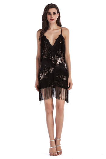 Sparkly Short Black Tiered Tight Homecoming Dress with Fringes