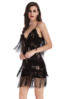 Load image into Gallery viewer, Sparkly Short Black Tiered Tight Homecoming Dress with Fringes