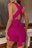 Load image into Gallery viewer, Sparkly Short Fuchsia Sequin Tight Homecoming Dress with Bow