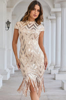 Load image into Gallery viewer, Sparkly Champagne High Neck Fringed Short 1920s Dress with Sequins