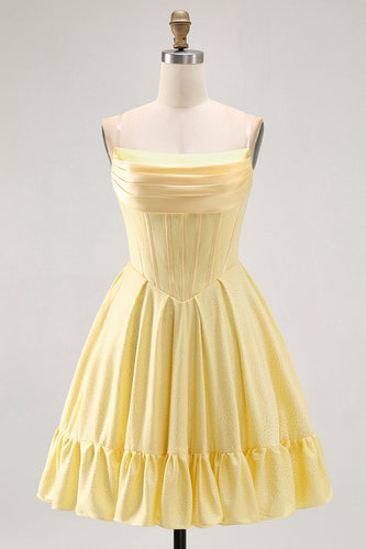 Sparkly Yellow A Line Beaded Short Corset Homecoming Dress