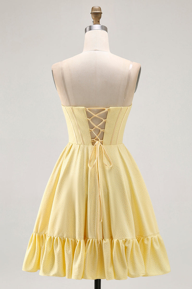Load image into Gallery viewer, Sparkly Yellow A Line Beaded Short Corset Homecoming Dress