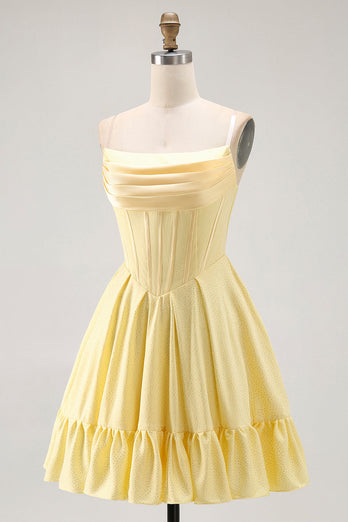 Sparkly Yellow A Line Beaded Short Corset Homecoming Dress
