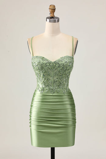 Sparkly Sage Green Short Corset Tight Homecoming Dress with Appliques