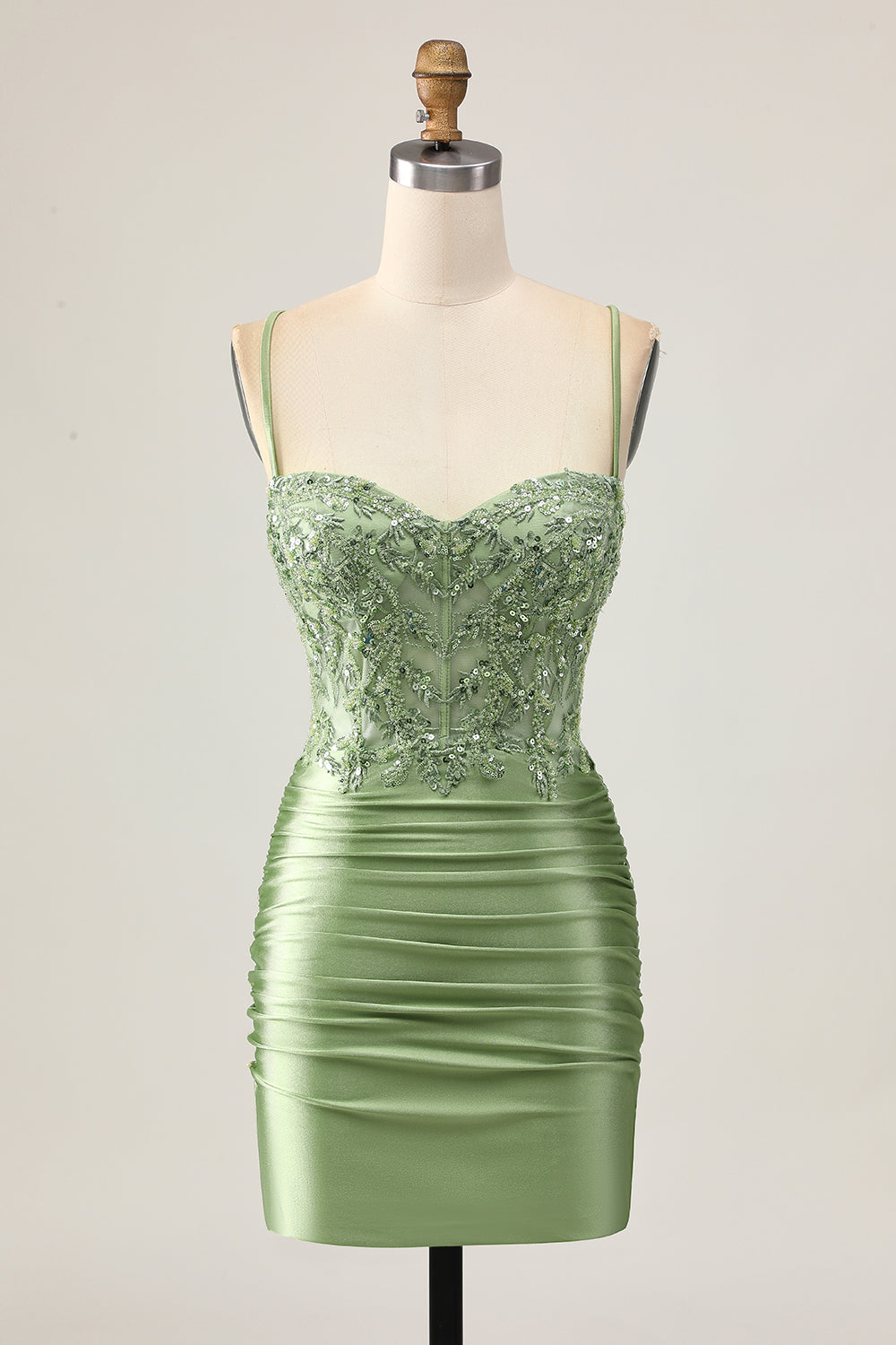 Sparkly Sage Green Short Corset Tight Homecoming Dress with Appliques