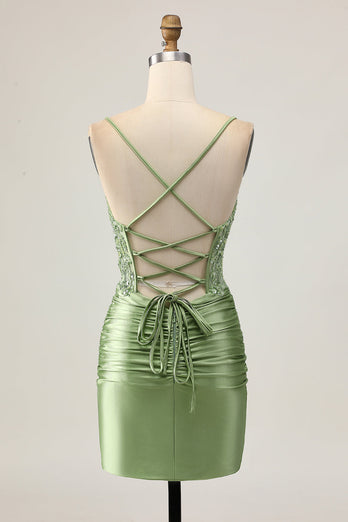 Sparkly Sage Green Short Corset Tight Homecoming Dress with Appliques