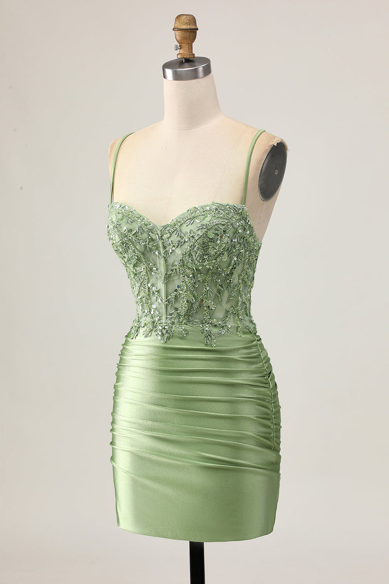 Load image into Gallery viewer, Sparkly Sage Green Short Corset Tight Homecoming Dress with Appliques