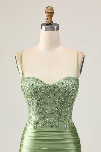 Sparkly Sage Green Short Corset Tight Homecoming Dress with Appliques