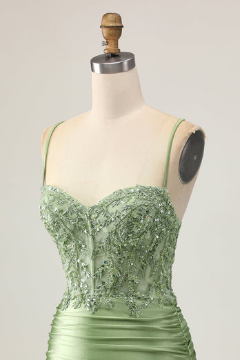 Sparkly Sage Green Short Corset Tight Homecoming Dress with Appliques