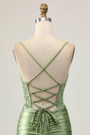 Sparkly Sage Green Short Corset Tight Homecoming Dress with Appliques