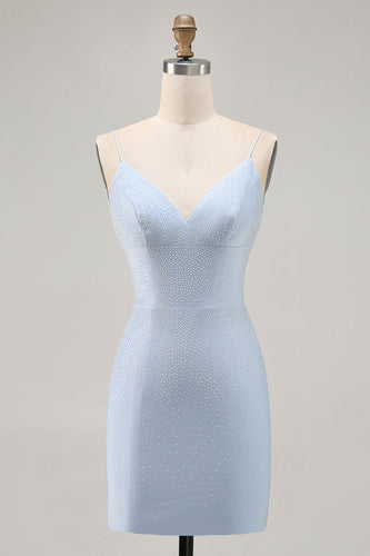 Sparkly Blue Backless Beaded Tight Short Homecoming Dress