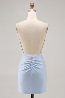 Sparkly Blue Backless Beaded Tight Short Homecoming Dress
