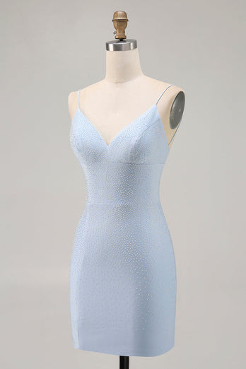 Sparkly Blue Backless Beaded Tight Short Homecoming Dress
