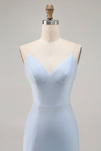 Sparkly Blue Backless Beaded Tight Short Homecoming Dress