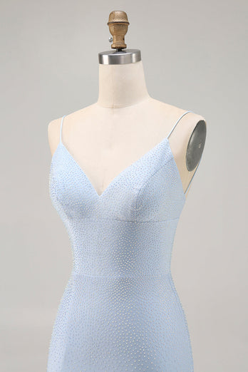 Sparkly Blue Backless Beaded Tight Short Homecoming Dress