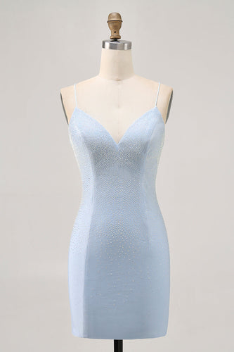Sparkly Light Blue Satin Tight Short Homecoming Dress with Beading