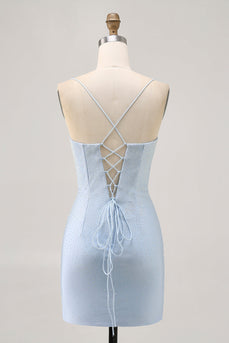 Sparkly Light Blue Satin Tight Short Homecoming Dress with Beading