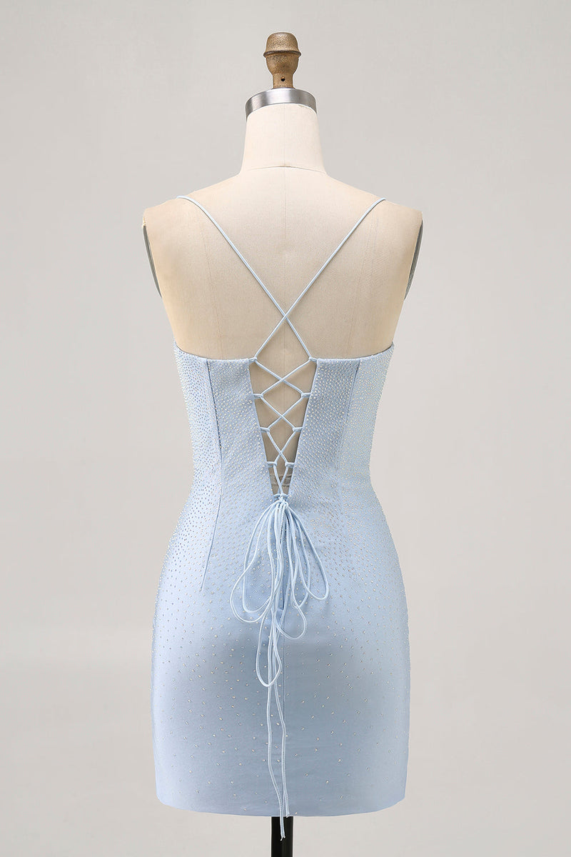 Load image into Gallery viewer, Sparkly Light Blue Satin Tight Short Homecoming Dress with Beading