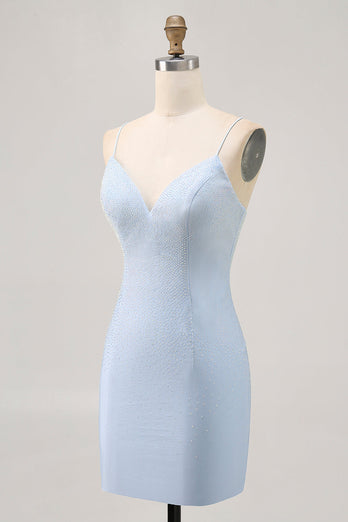 Sparkly Light Blue Satin Tight Short Homecoming Dress with Beading