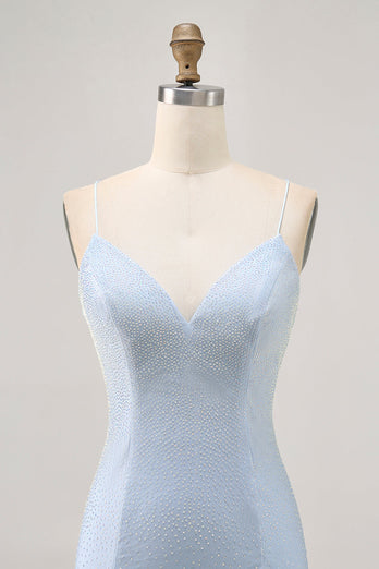 Sparkly Light Blue Satin Tight Short Homecoming Dress with Beading