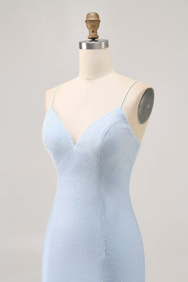 Load image into Gallery viewer, Sparkly Light Blue Satin Tight Short Homecoming Dress with Beading