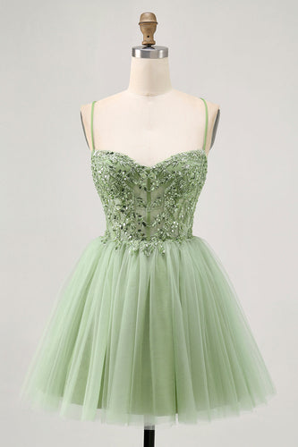 Sparkly Green A Line Tulle Short Corset Homecoming Dress with Beading