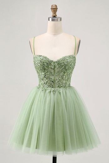 Sparkly Green A Line Tulle Short Corset Homecoming Dress with Beading