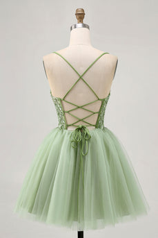 Sparkly Green A Line Tulle Short Corset Homecoming Dress with Beading