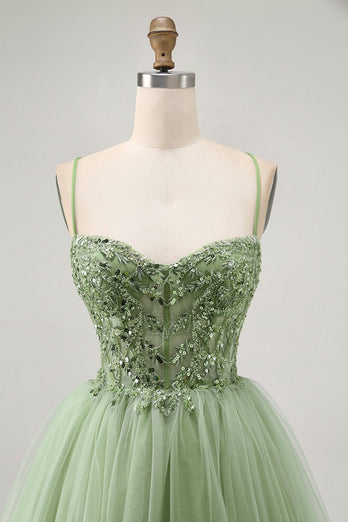 Sparkly Green A Line Tulle Short Corset Homecoming Dress with Beading