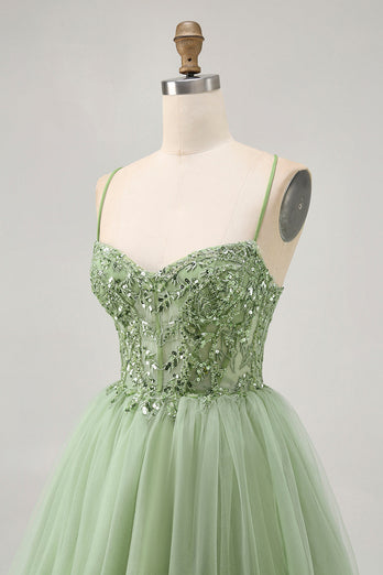 Sparkly Green A Line Tulle Short Corset Homecoming Dress with Beading