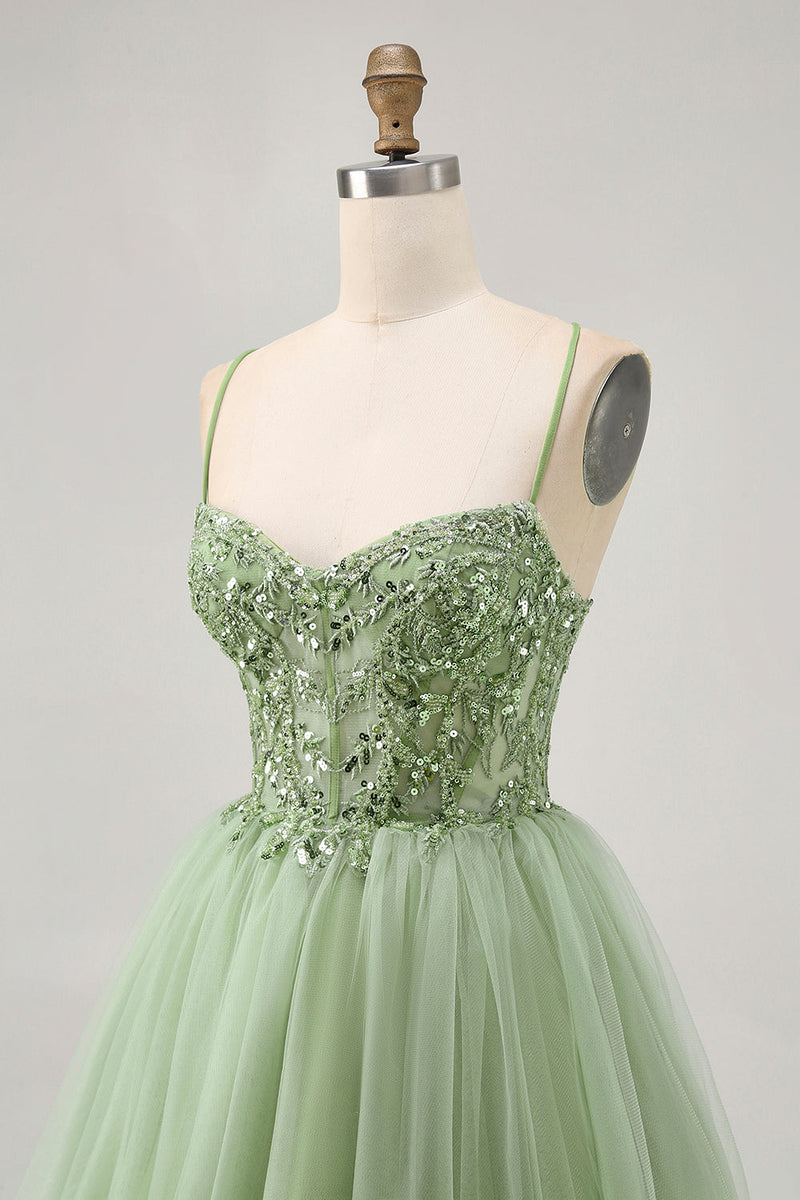 Load image into Gallery viewer, Sparkly Green A Line Tulle Short Corset Homecoming Dress with Beading