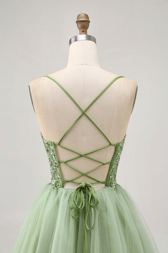 Sparkly Green A Line Tulle Short Corset Homecoming Dress with Beading