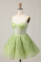 Load image into Gallery viewer, Green Corset Spaghetti Straps A Line Short Homecoming Dress